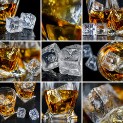 Sticker - Collage with glasses whiskey or other alcohol, cubes ice