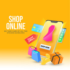 Poster - 3D Illustration of Online Shopping App in Smartphone with Female Dress, Great Offer Tag, Carry Bags, Payment Card, Coins and Parcel Box on Orange Background.