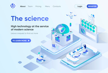 Poster - The science isometric landing page. Scientific research and development, high technology in pharma industry. Science laboratory template for CMS and website. Isometry scene with people characters.