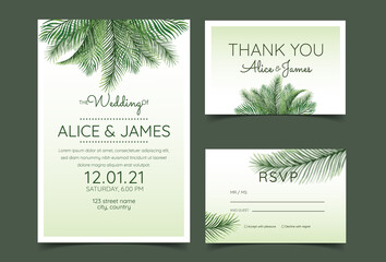 Wall Mural - Beautiful hand drawn palm leaf natural wedding invitation cards. Includes invitation templates, RSVP, and thank you cards. Vector