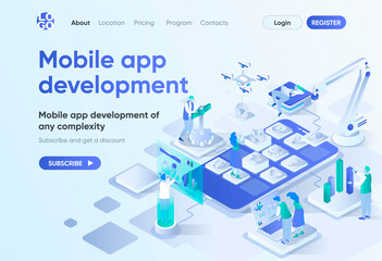 Leinwandbilder - Mobile app development isometric landing page. UI UX responsive design, front end and back end development. Mobile software template for CMS and website builder. Isometry scene with people characters.