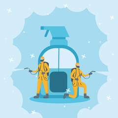 Canvas Print - Men with protective suit spraying and spray bottle vector design