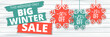 © nikelser - Big winter sale offer, banner template. Colored paper origami snowflake with lettering, isolated on wooden background. After Christmas sale tags. Shop market poster design. Vector illustration EPS 10.