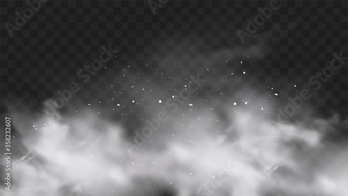 Fotografía White snow explosion with particles and snowflakes splash isolated on transparent dark background