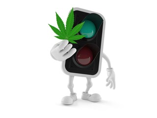 Poster - Green traffic light character holding cannabis leaf