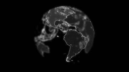 Wall Mural - Rotating transparent Earth planet globe in grey shades illuminating in dark space,