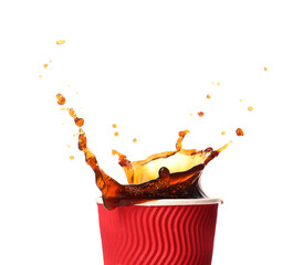 Cup of hot coffee with splash on white background