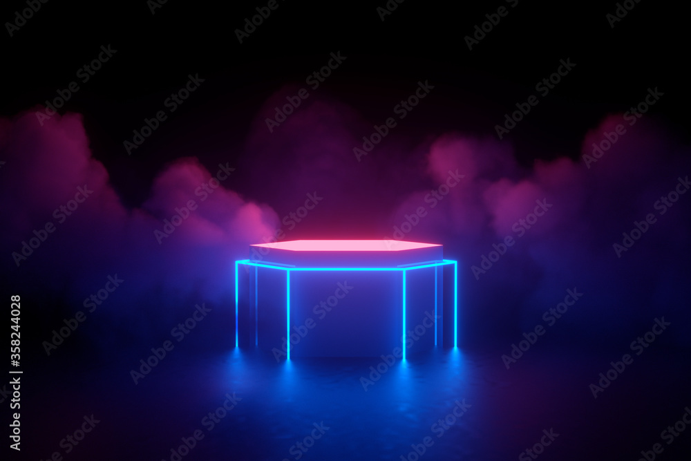 3D Rendering Illustration. Futuristic Sci Fi Dark Empty Room With Neon ...