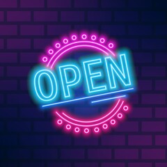Wall Mural - colorful neon signboard open vector flat illustration. bright glowing inscription in circle with des