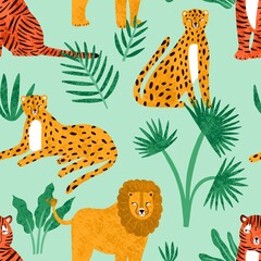 Wall Mural - Funny feline with tropical plants seamless pattern. Cute hand drawn predators lions, tigers and leopards vector flat illustration. Exotic spotted and striped carnivorous animals with leaves