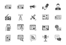 News Flat Icons. Vector Illustration Included Icon As Newspaper, Mass Media, Journalist, Fake, Television Broadcasting, Blog Influencer, Podcast Black Silhouette Pictogram For Online Press