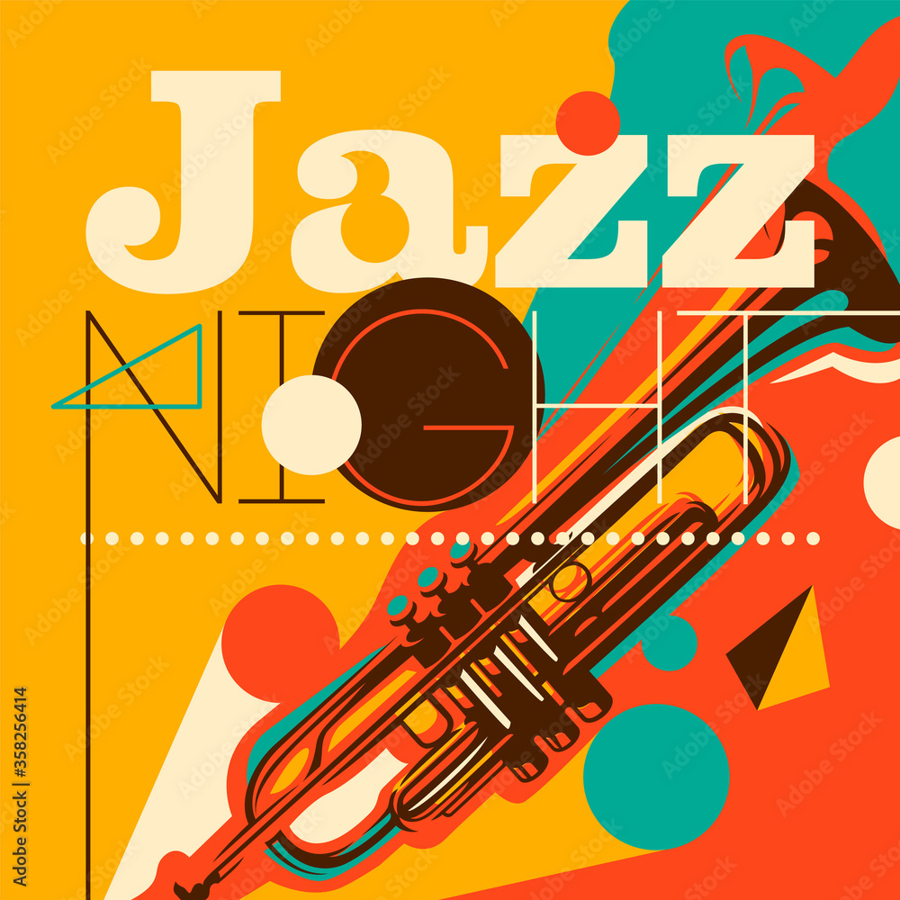 Artistic jazz night background in color, with silhouette of a trumpet and abstract design elements. Vector illustration. - obrazy, fototapety, plakaty 