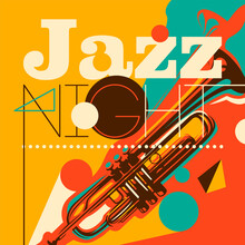 Artistic Jazz Night Background In Color, With Silhouette Of A Trumpet And Abstract Design Elements. Vector Illustration.