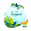 © MySunShine - Colorful summer card or background with hand drawn lettering Hello Summer. Banner with beautiful butterflies, caterpillars, leaves, grass and flowers. Vector illustration.