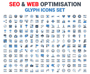 SEO Glyph Icons Set. Glyph Blue Icons Set of Search Engine Optimization, Website and APP Design and Development. Simple Glyph Pictogram Pack. Logo Concept, Web Graphic. Vector icons. Editable Stroke.