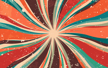 Abstract retro dirty grunge vintage starburst. Vintage sunburst wallpaper. Swirl light rays. Old paper. Texture stripes red brown orange and turquoise. Cardboard Pattern background