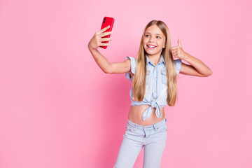 Sticker - Portrait of her she nice attractive lovely pretty charming cheerful cheery girl taking making selfie showing thumbup recommend cool advice ad advert travel isolated over pink pastel color background