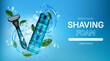 Shaving foam and safety razor blade on water splash with mint leaves background. Men cosmetics promotional banner with bottle and shaver. Body care cosmetic product, realistic 3d vector illustration