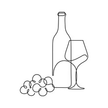 Bottle Of Wine With Wineglass And Grape Bunch In Continuous Line Art Drawing Style. Minimalist Black Linear Sketch Isolated On White Background. Vector Illustration