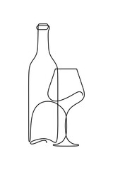 Sticker - Bottle of wine and wineglass in continuous line art drawing style. Minimalist black linear sketch isolated on white background. Vector illustration