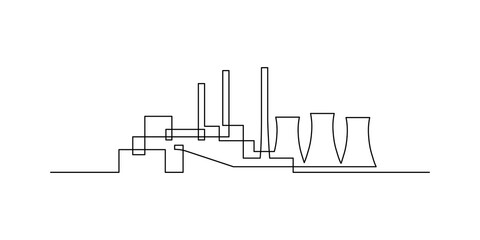 Sticker - Power plant in continuous line art drawing style. Power station with cooling towers minimalist black linear design isolated on white background. Vector illustration