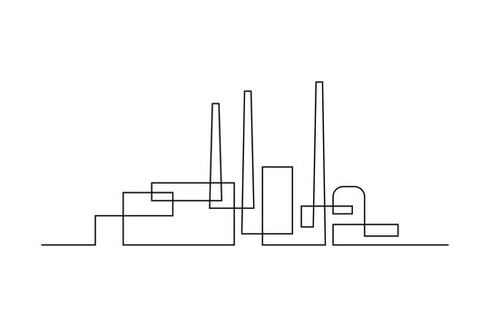 Industrial plant in continuous line art drawing style. Abstract factory buildings minimalist black linear design isolated on white background. Vector illustration