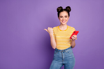 Sticker - Portrait of her she nice attractive pretty lovely cute content funky cheerful cheery girl using cell showing copy space ad isolated over bright vivid shine vibrant lilac violet purple color background