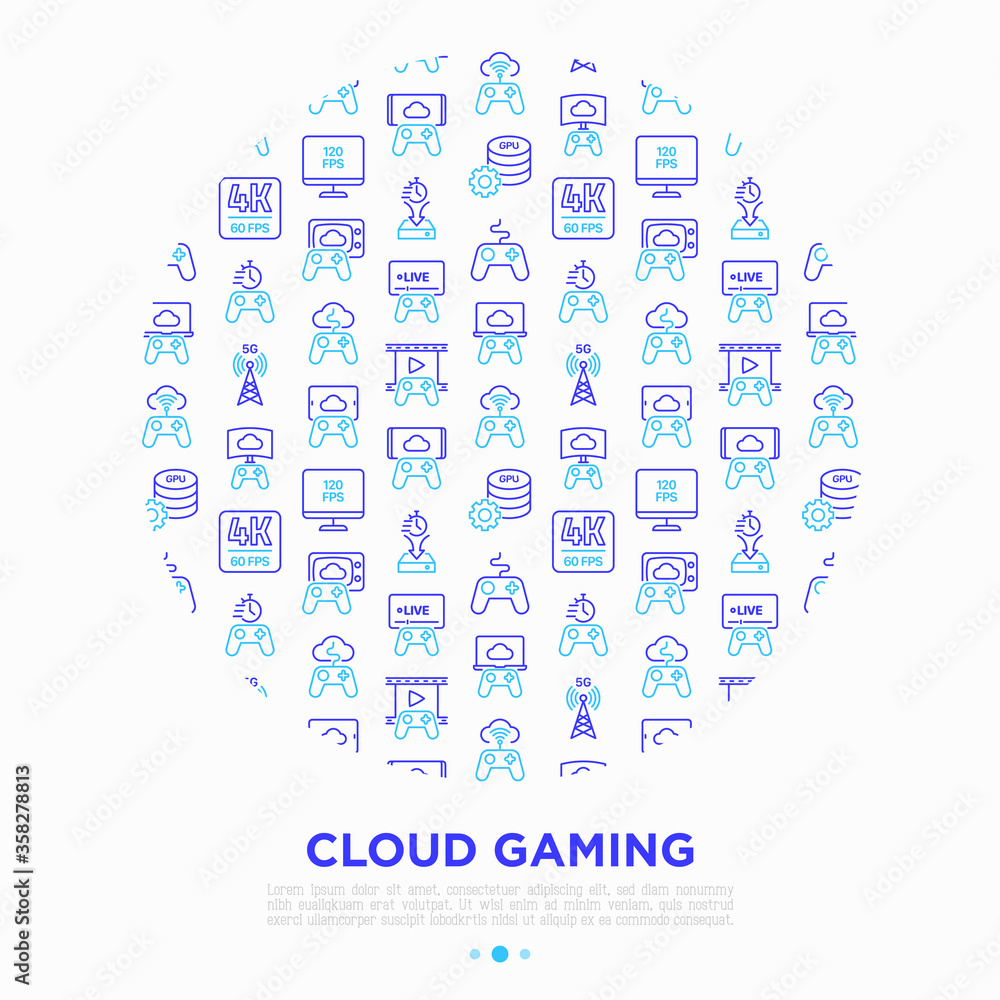 Vector de Stock Cloud gaming concept in circle with thin line icons ...