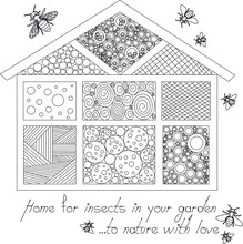 Vector Linear Doodle Design Handmade Garden Wooden Home Or Hotel For Insects, Bees, With Bugs Around And Text