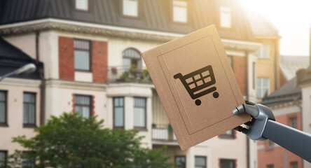 Poster - Robot holds a box with a purchase from an online store. Automatic unmanned delivery