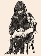Vector Sketch Of Young Woman Sitting Oh Chair And Reading A Book