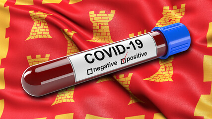 Wall Mural - Flag of Greater Manchester waving in the wind with a positive Covid-19 blood test tube. 3D illustration concept for blood testing for diagnosis of the new Corona virus.