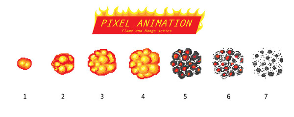 Nuclear explosion. Pixel art 8 bit fire objects. Game icons set. The evolution of a Comic boom flame. Bang burst explode flash dynamite with smoke effects. Digital icons. Animation Process steps.