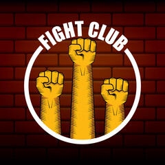 fight club vector logo with orange man fist isolated on brick wall background. MMA Mixed martial arts concept design template