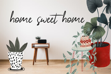 wooden coffee table and clock with blank screen near drawn plants illustration and home sweet home lettering