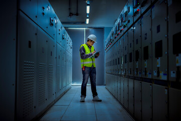 The engineer checking and inspecting at MDB panel .he working with electric switchboard to check range of voltage working in Main Distribution Boards factory.