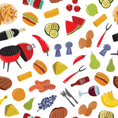 Poster - Cartoon Color Barbeque Picnic Concept Seamless Pattern Background. Vector