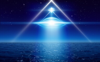 Poster - UFO or flying saucer with bright spotlight fly above sea, alien civilization spaceship in night sky with bright stars.