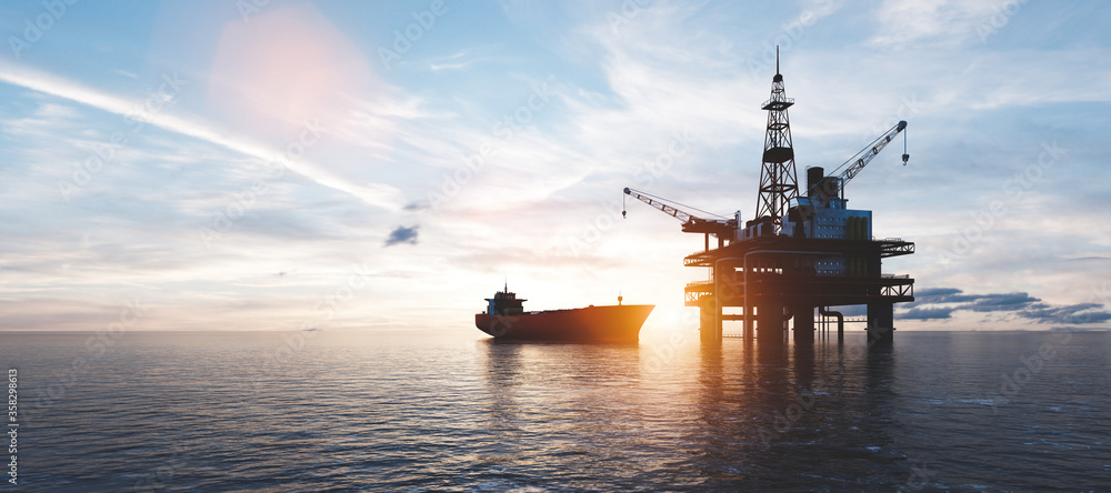 Oil platform on the ocean. Offshore drilling for gas and petroleum - obrazy, fototapety, plakaty 