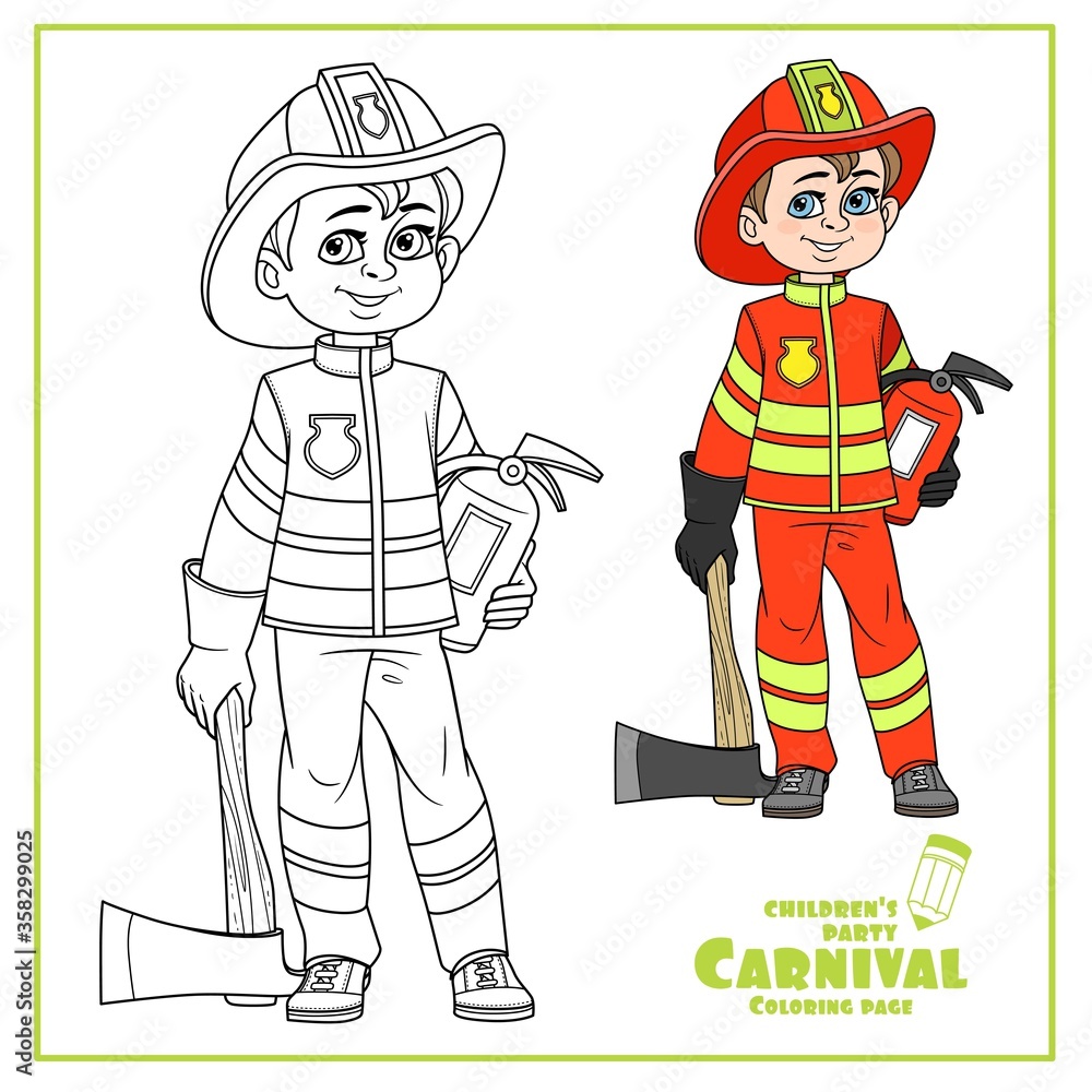 Cute boy in firefighter suit in helmet with an ax and a fire ...
