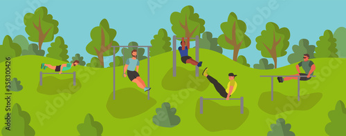 Men taking physical activity in outdoor park. Training, street workout, exercises. Active sports in a city park on the playground. Flat style vector illustration.