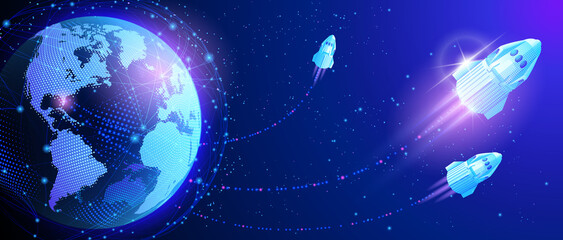Wall Mural - vector. launcher dragon crew starts from cape canaveral. global world wide web internet. blue planet