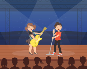 Poster - Cute Girl and Boy Playing Guitar and Singing on Stage, Talented Young Musicians Performing at Concert or Music Festival Vector Illustration