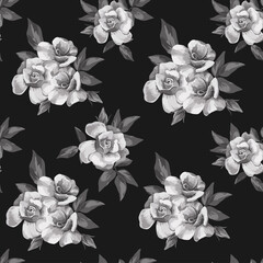 Wall Mural - Creative black white seamless illustration rose flowers on the black background. Design fabric pattern, trendy floral wallpaper.