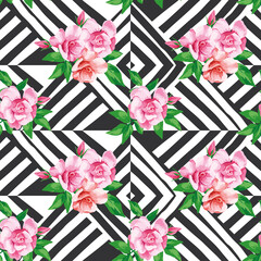 Wall Mural - Creative vector seamless illustration pink rose flowers and green leaves on the geometrical black white background. Design fabric pattern, trendy floral wallpaper.