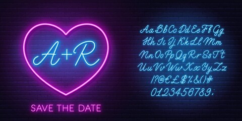 Neon initials in the heart. Neon blue script font. Glowing symbol of love. The template can be used for a wedding invitation or a Valentine's Day card.