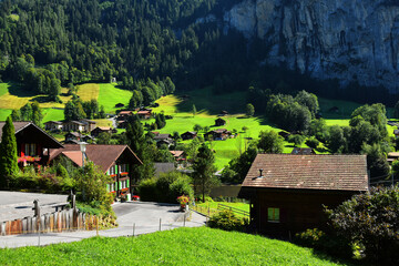 Sticker - Lauterbrunnen swiss village , famous destination in Jungfrau region, Bernese Oberland, Switzerland. 