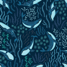Seamless Pattern With Underwater Humpback Whales Dancing Under The Sea On Dark Blue Background. Vector Illustration With Whales In Riverbed Surrounded By Seaweed And Algae.