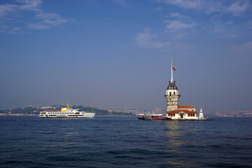 Maiden's tower and Passenger Ferry, symbol of Istanbul, Turkey