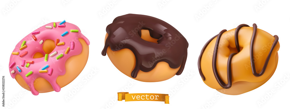 Donuts with pink icing and chocolate. 3d vector realistic objects. Food ...